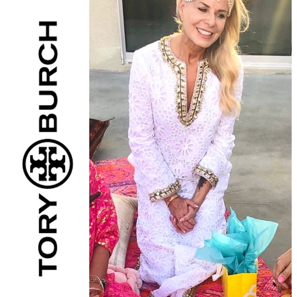 Tory Burch Runway Embellished Lace Caftan Dress 4 Broderie Anglaise 🤍 - Picture 15 of 15